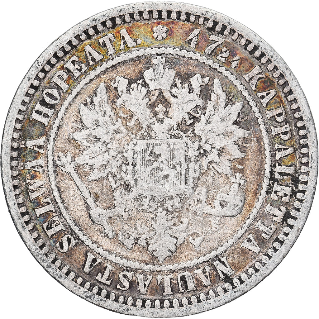 Moneda, Finlandia, Alexander II, 2 Markkaa, 1870, Helsinki, BC+, Plata, KM:7.1