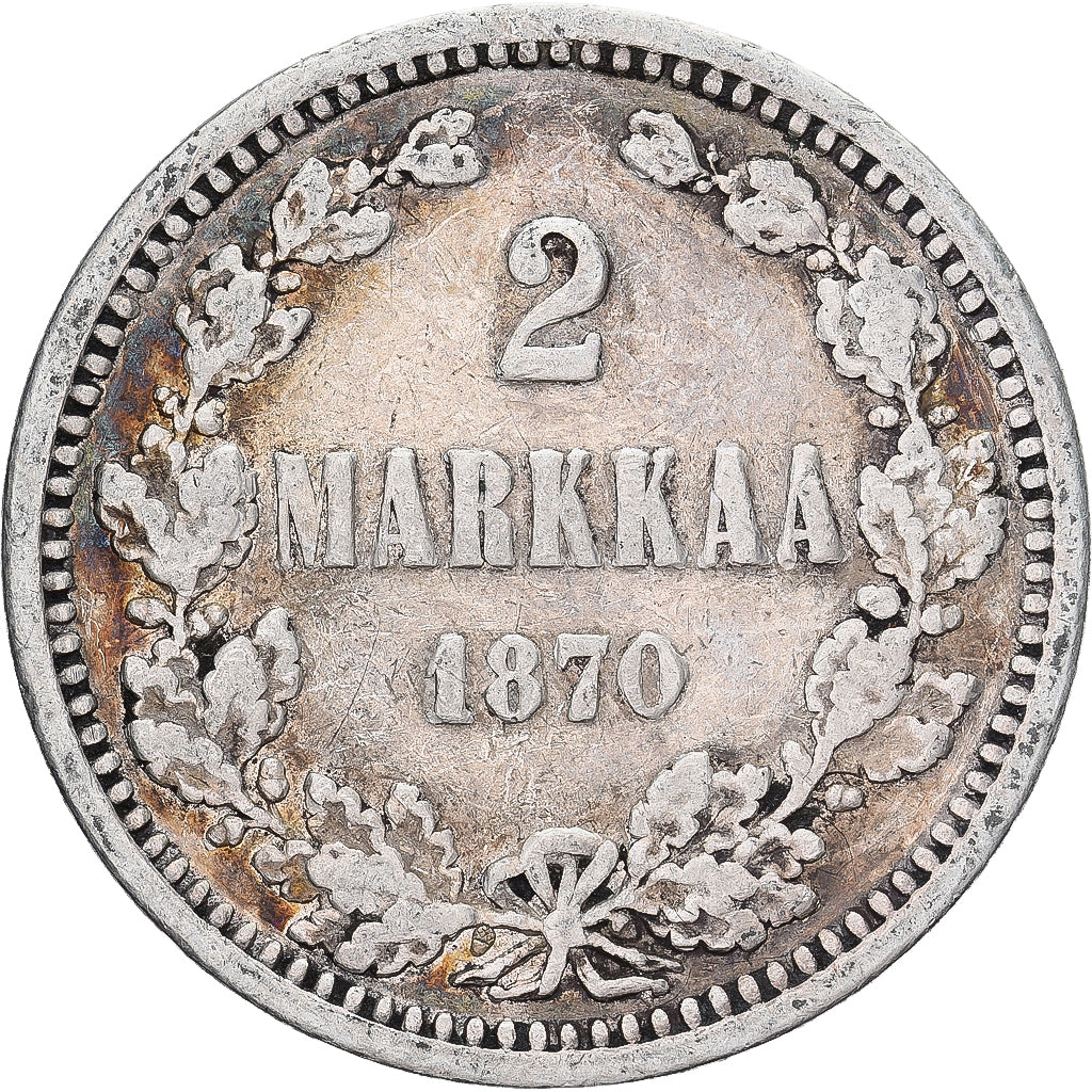 Moneda, Finlandia, Alexander II, 2 Markkaa, 1870, Helsinki, BC+, Plata, KM:7.1