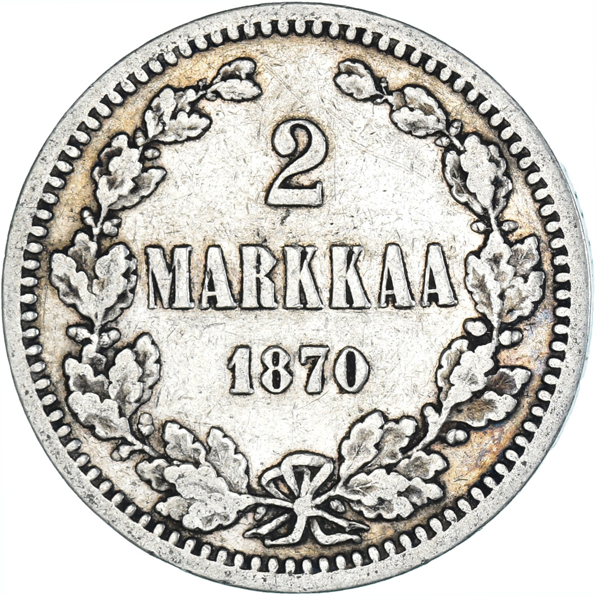 Moneda, Finlandia, Alexander II, 2 Markkaa, 1870, Helsinki, BC+, Plata, KM:7.1