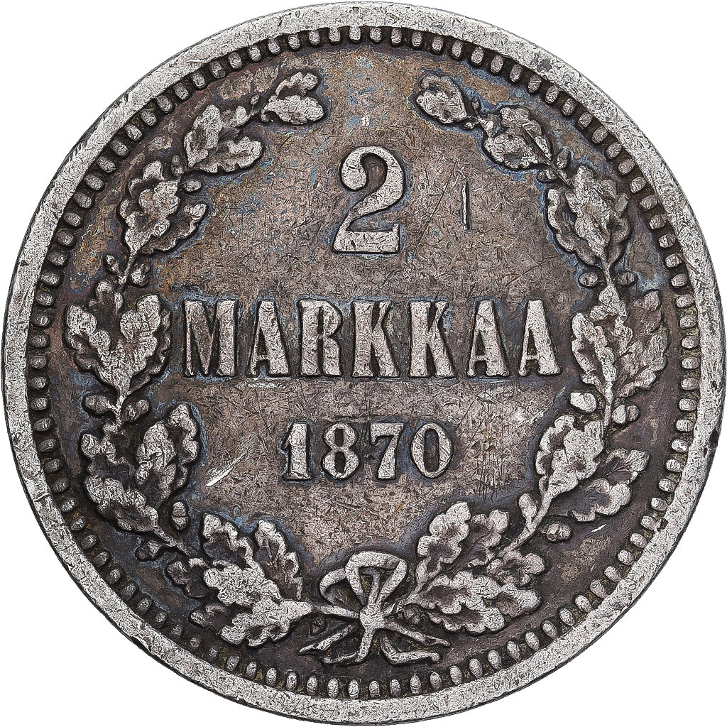 Moeda, Finlândia, Alexander II, 2 Markkaa, 1870, Helsinki, EF(40-45), Prata