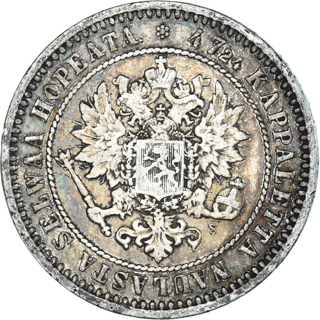 Moneda, Finlandia, Alexander II, 2 Markkaa, 1870, Helsinki, MBC, Plata, KM:7.1