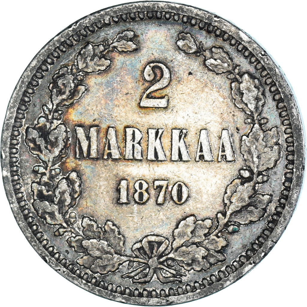 Moneda, Finlandia, Alexander II, 2 Markkaa, 1870, Helsinki, MBC, Plata, KM:7.1