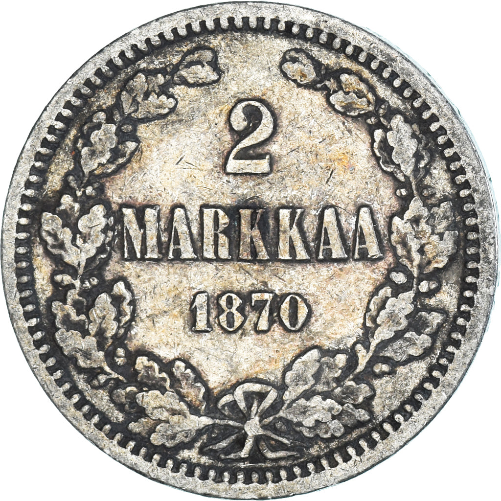 Moneda, Finlandia, Alexander II, 2 Markkaa, 1870, Helsinki, MBC, Plata, KM:7.1