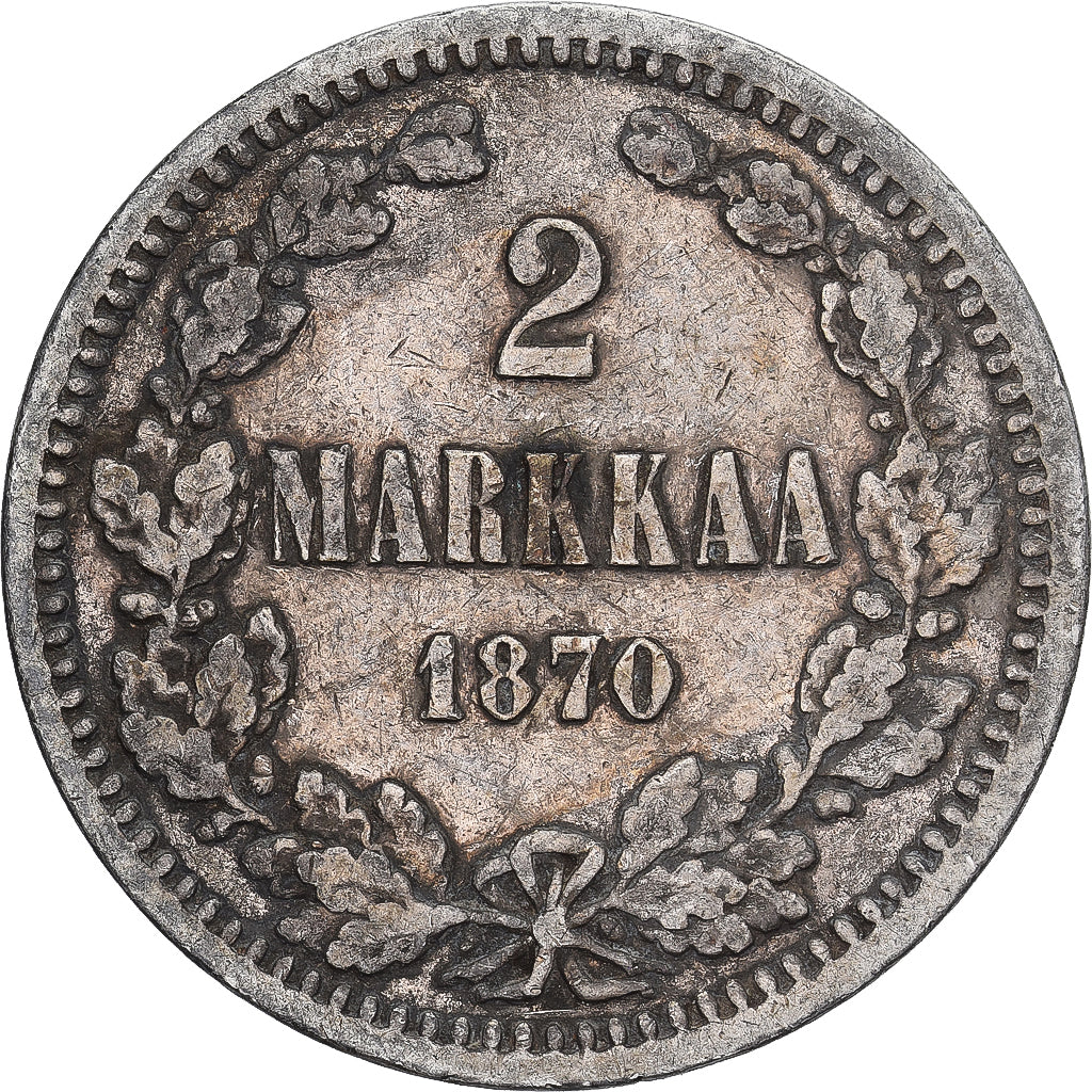 Moeda, Finlândia, Alexander II, 2 Markkaa, 1870, Helsinki, EF(40-45), Prata