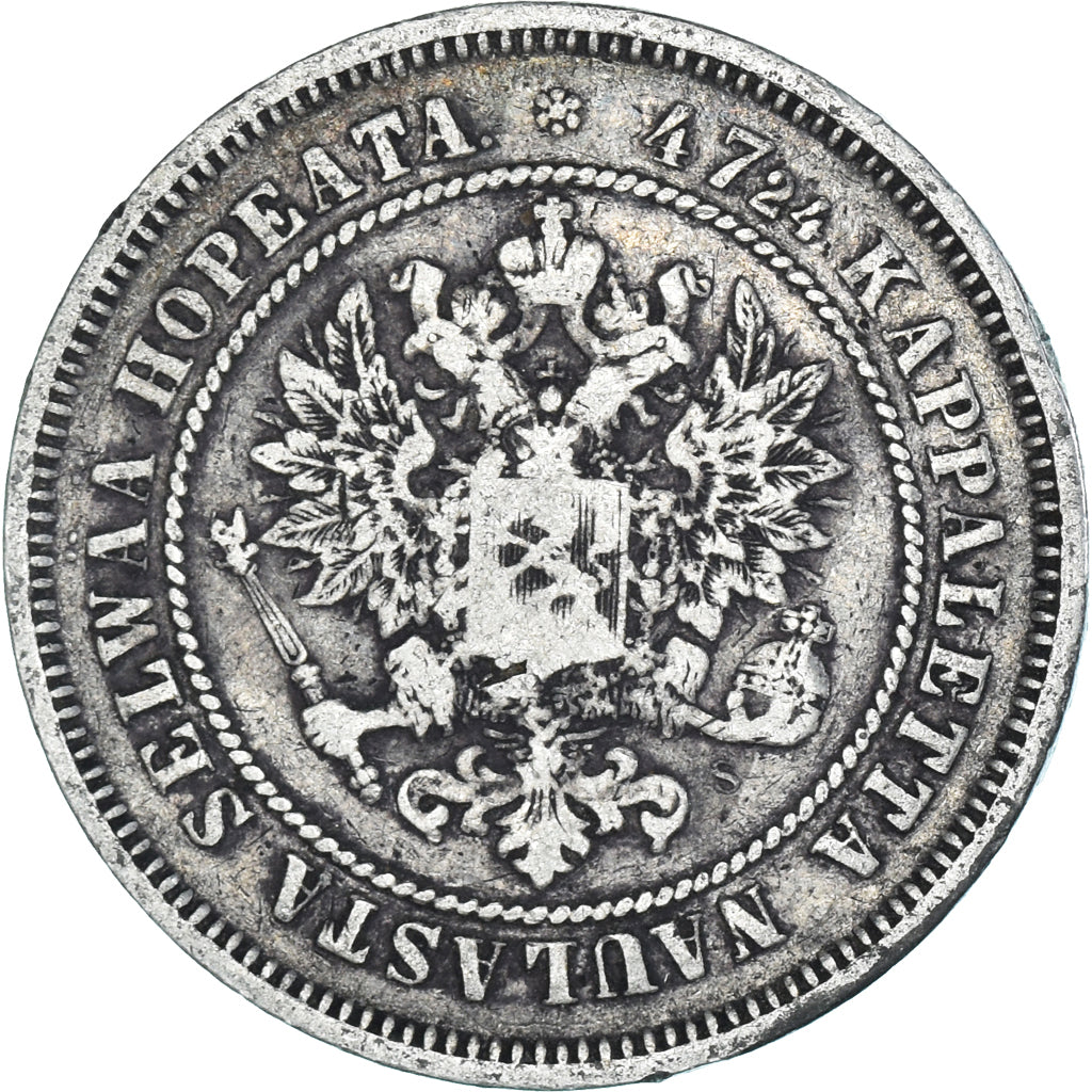Moneda, Finlandia, Alexander II, 2 Markkaa, 1872, Helsinki, BC+, Plata, KM:7.2