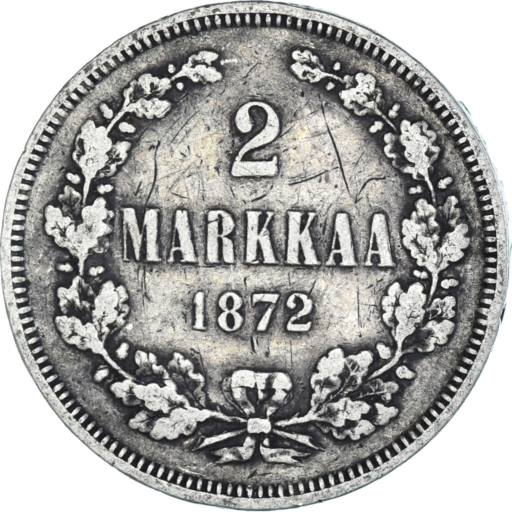 Moneda, Finlandia, Alexander II, 2 Markkaa, 1872, Helsinki, BC+, Plata, KM:7.2