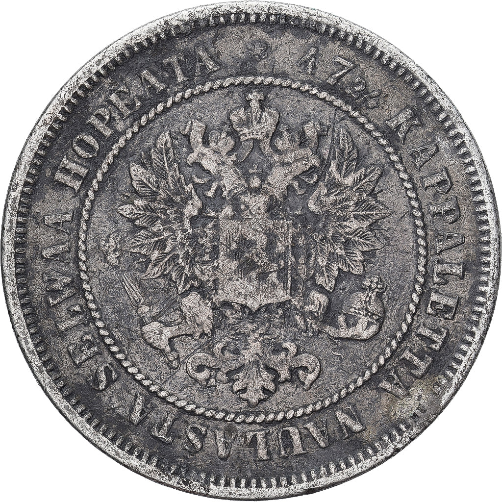 Moneda, Finlandia, Alexander II, 2 Markkaa, 1872, Helsinki, BC+, Plata, KM:7.2