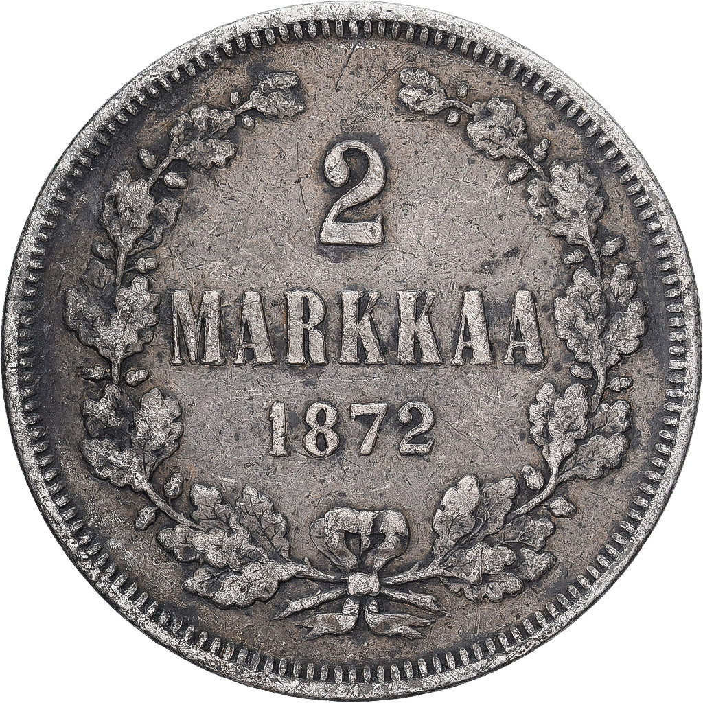 Moneda, Finlandia, Alexander II, 2 Markkaa, 1872, Helsinki, BC+, Plata, KM:7.2