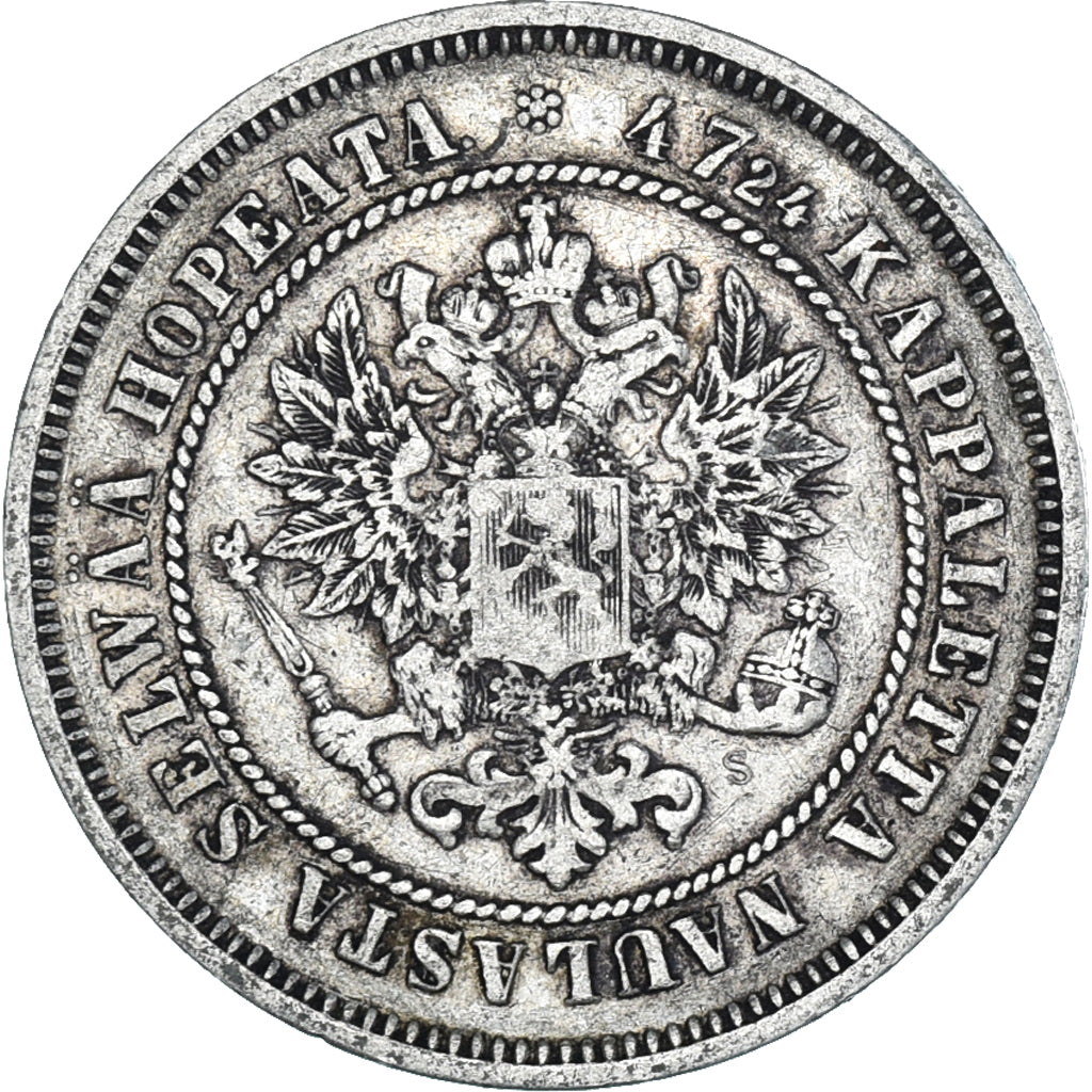 Moneda, Finlandia, Alexander II, 2 Markkaa, 1872, Helsinki, MBC, Plata, KM:7.2