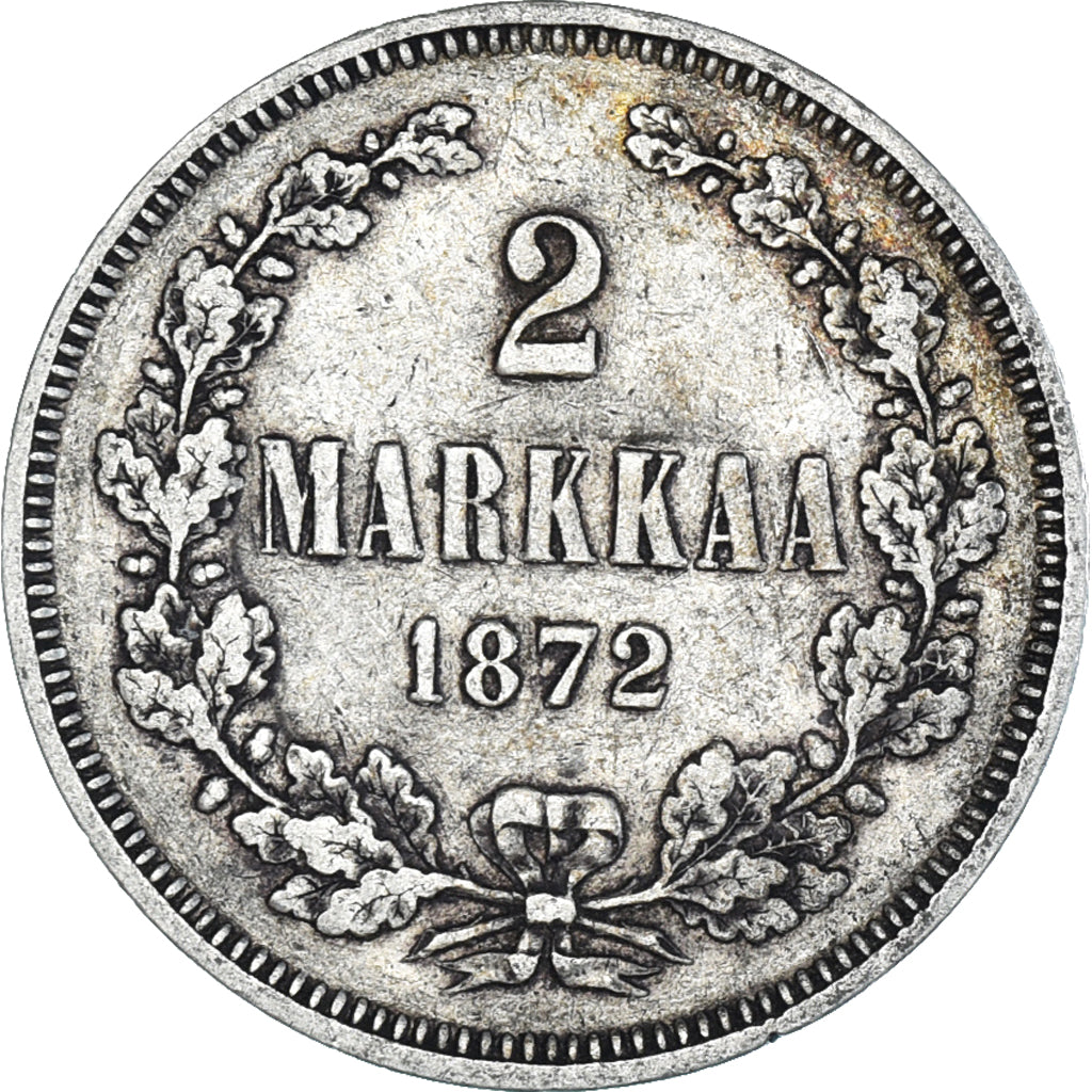 Moneda, Finlandia, Alexander II, 2 Markkaa, 1872, Helsinki, MBC, Plata, KM:7.2