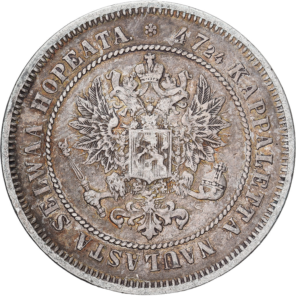 Moeda, Finlândia, Alexander II, 2 Markkaa, 1872, Helsinki, EF(40-45), Prata