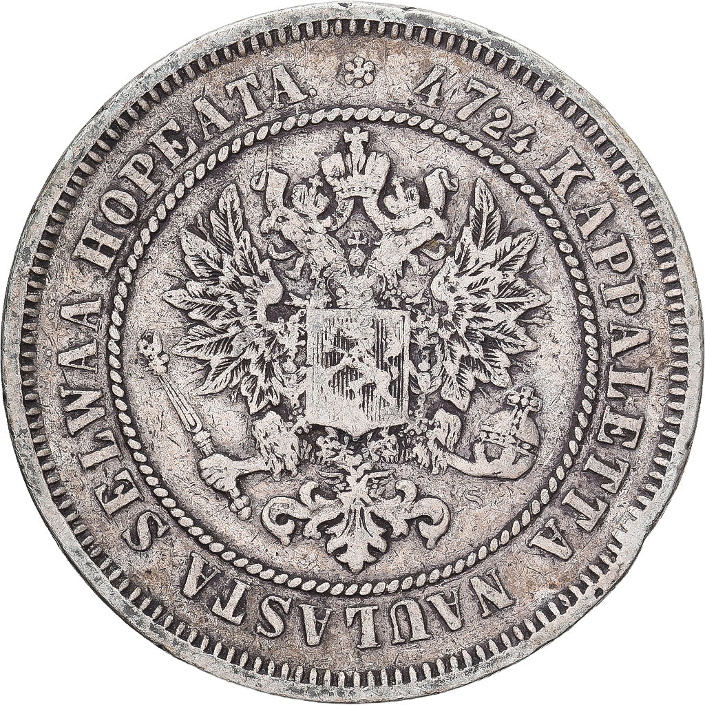 Moeda, Finlândia, Alexander II, 2 Markkaa, 1872, Helsinki, EF(40-45), Prata