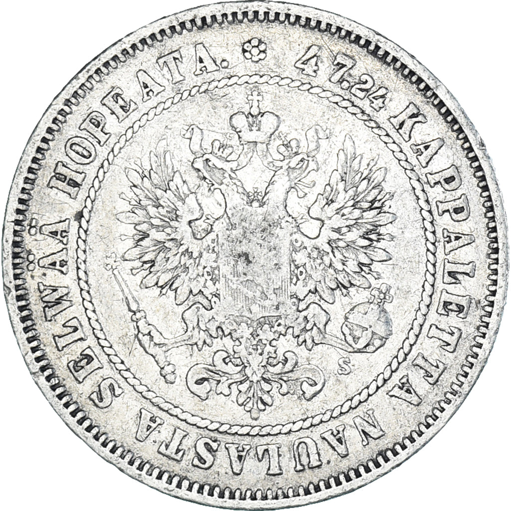 Moneda, Finlandia, Alexander II, 2 Markkaa, 1874, Helsinki, BC+, Plata, KM:7.2