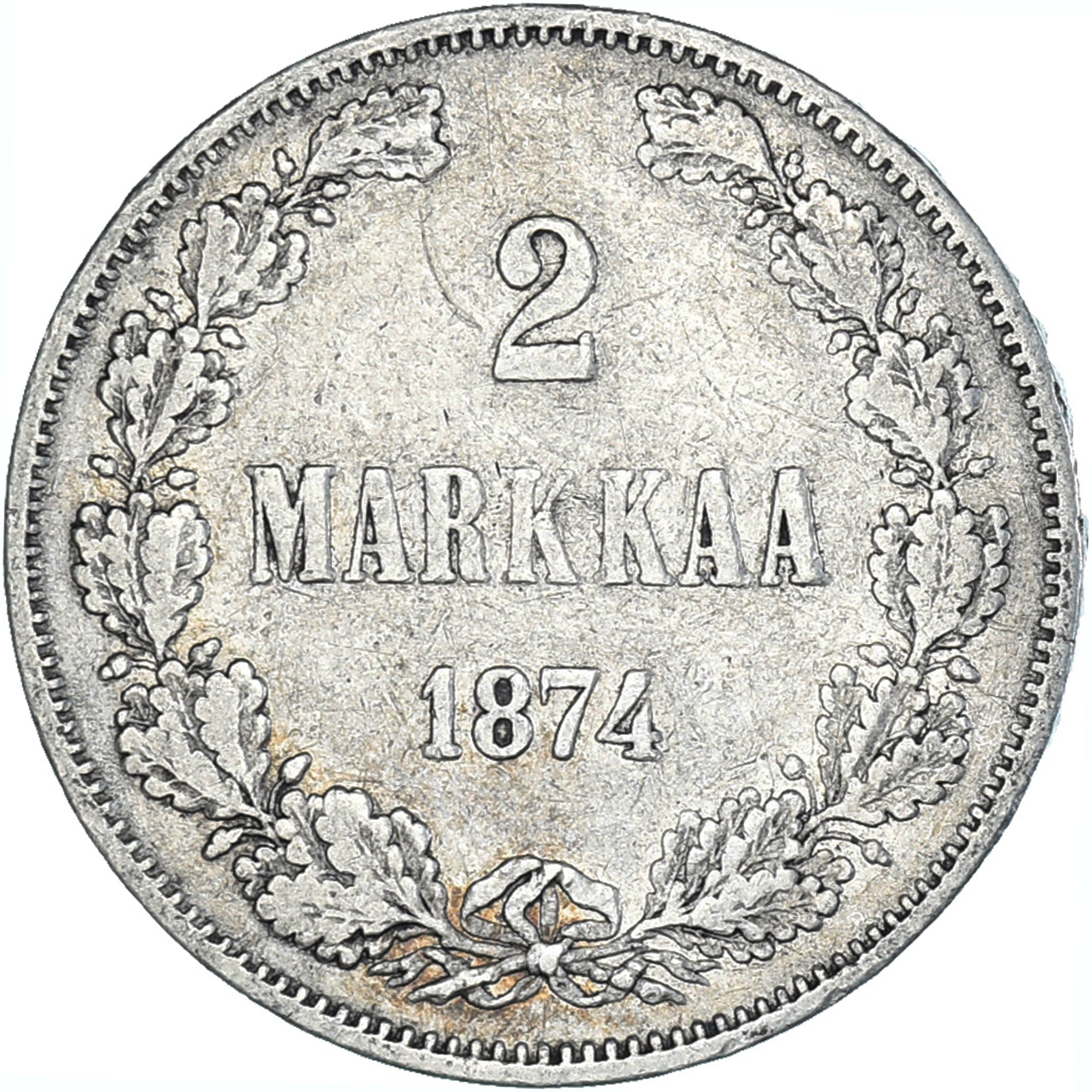 Moneda, Finlandia, Alexander II, 2 Markkaa, 1874, Helsinki, BC+, Plata, KM:7.2