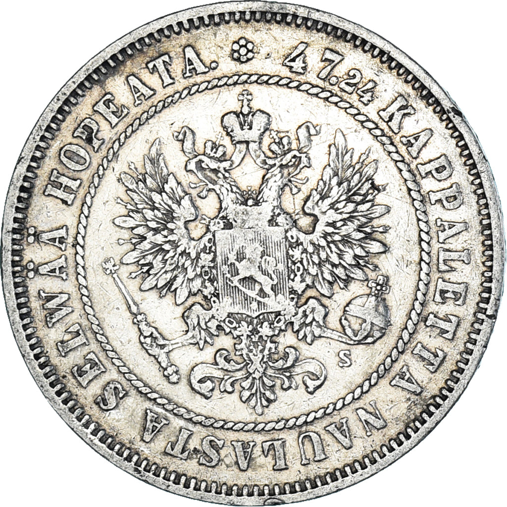 Moneda, Finlandia, Alexander II, 2 Markkaa, 1874, Helsinki, BC+, Plata, KM:7.2
