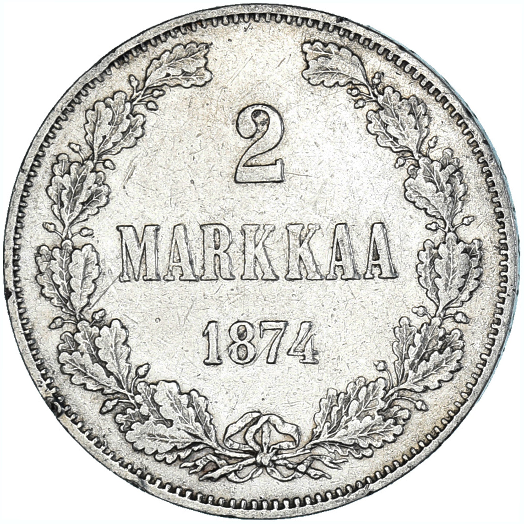 Moneda, Finlandia, Alexander II, 2 Markkaa, 1874, Helsinki, BC+, Plata, KM:7.2