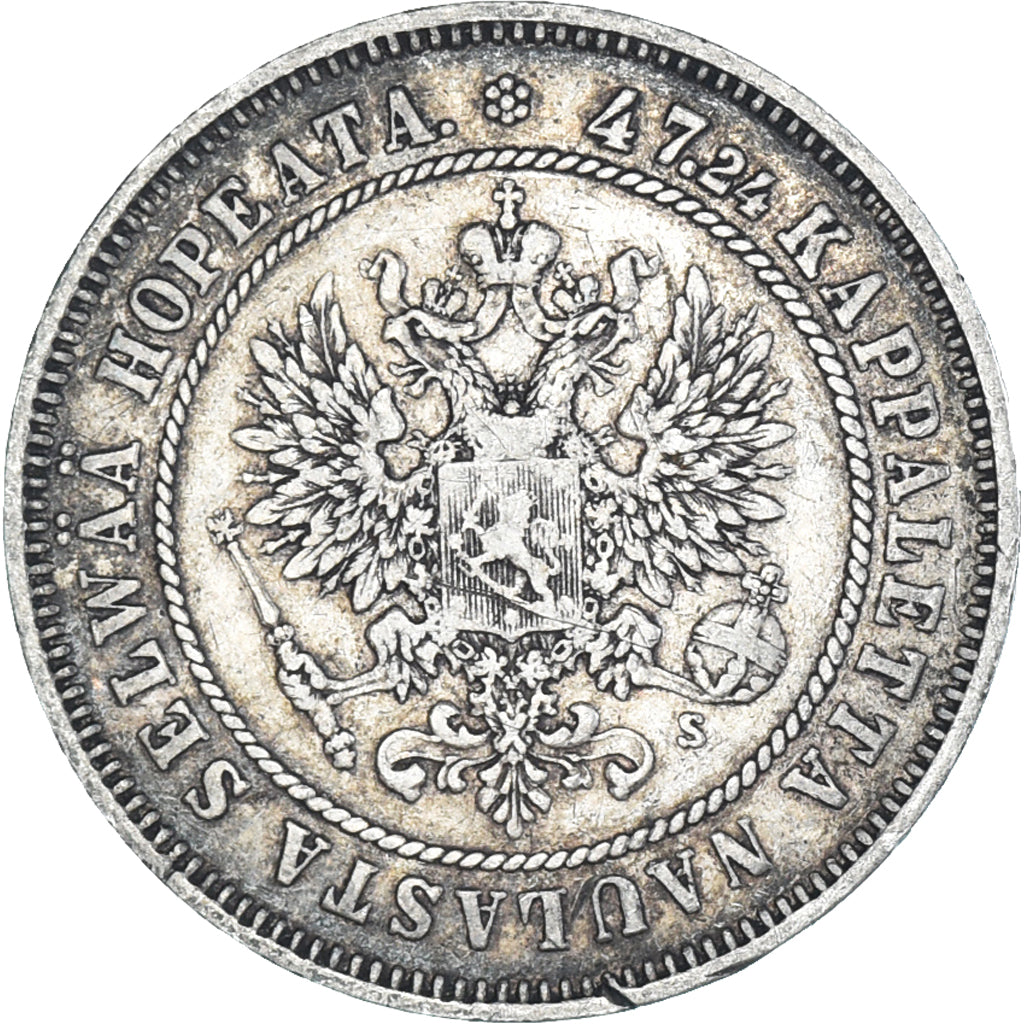 Moneda, Finlandia, Alexander II, 2 Markkaa, 1874, Helsinki, MBC, Plata, KM:7.2