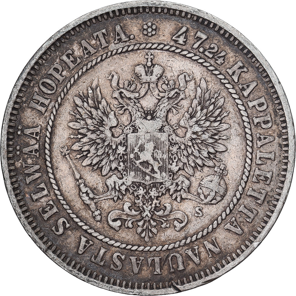 Moeda, Finlândia, Alexander II, 2 Markkaa, 1874, Helsinki, EF(40-45), Prata