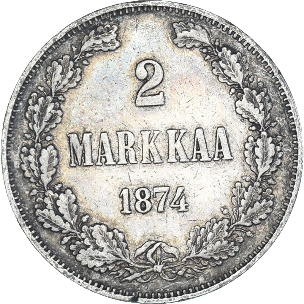 Moneda, Finlandia, Alexander II, 2 Markkaa, 1874, Helsinki, MBC, Plata, KM:7.2