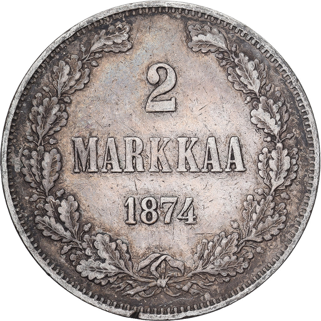 Moeda, Finlândia, Alexander II, 2 Markkaa, 1874, Helsinki, EF(40-45), Prata