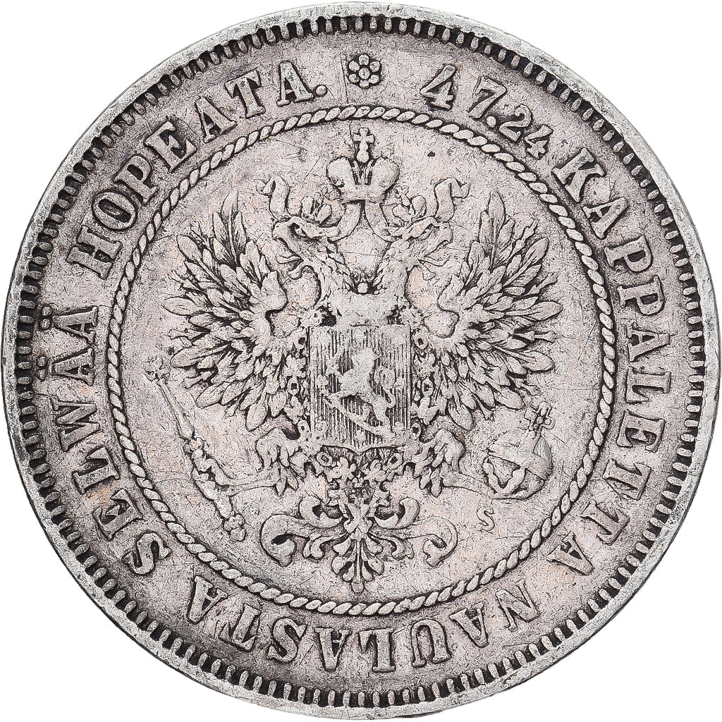 Moneda, Finlandia, Alexander II, 2 Markkaa, 1874, Helsinki, MBC, Plata, KM:7.2