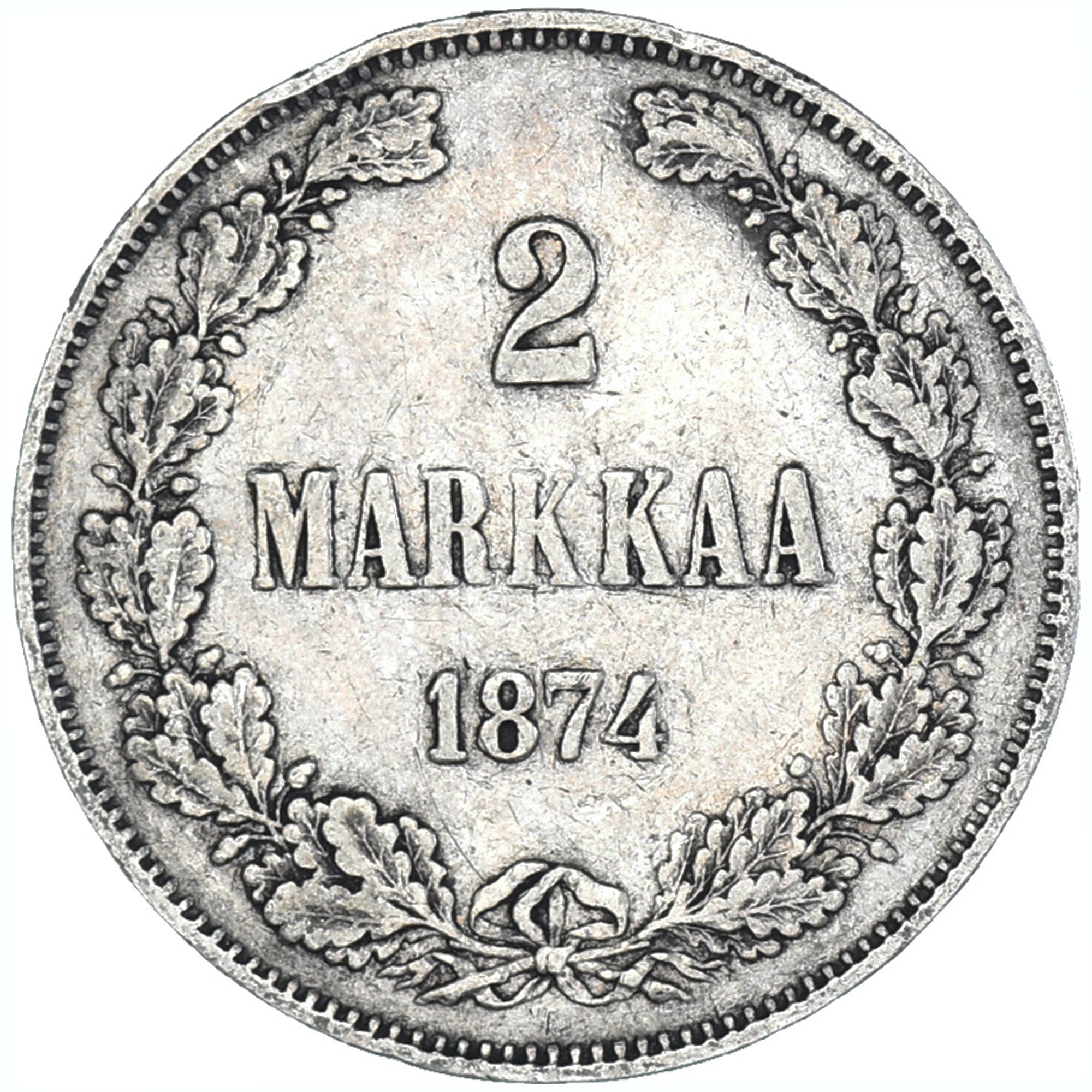 Moneda, Finlandia, Alexander II, 2 Markkaa, 1874, Helsinki, MBC, Plata, KM:7.2