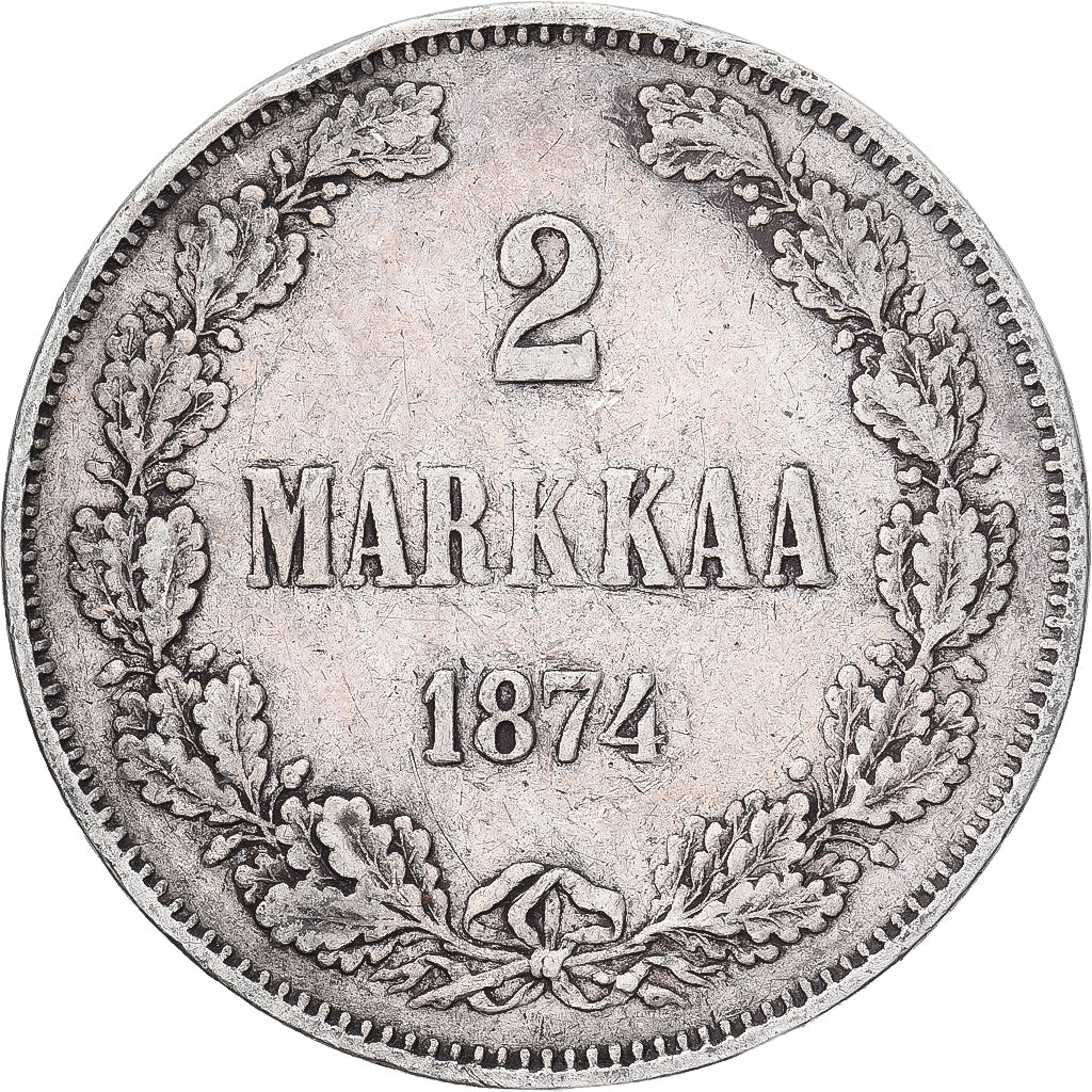 Moneda, Finlandia, Alexander II, 2 Markkaa, 1874, Helsinki, MBC, Plata, KM:7.2