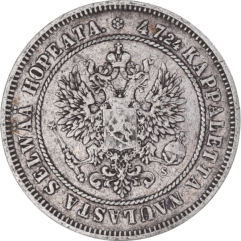 Moneda, Finlandia, Alexander II, 2 Markkaa, 1874, Helsinki, MBC, Plata, KM:7.2