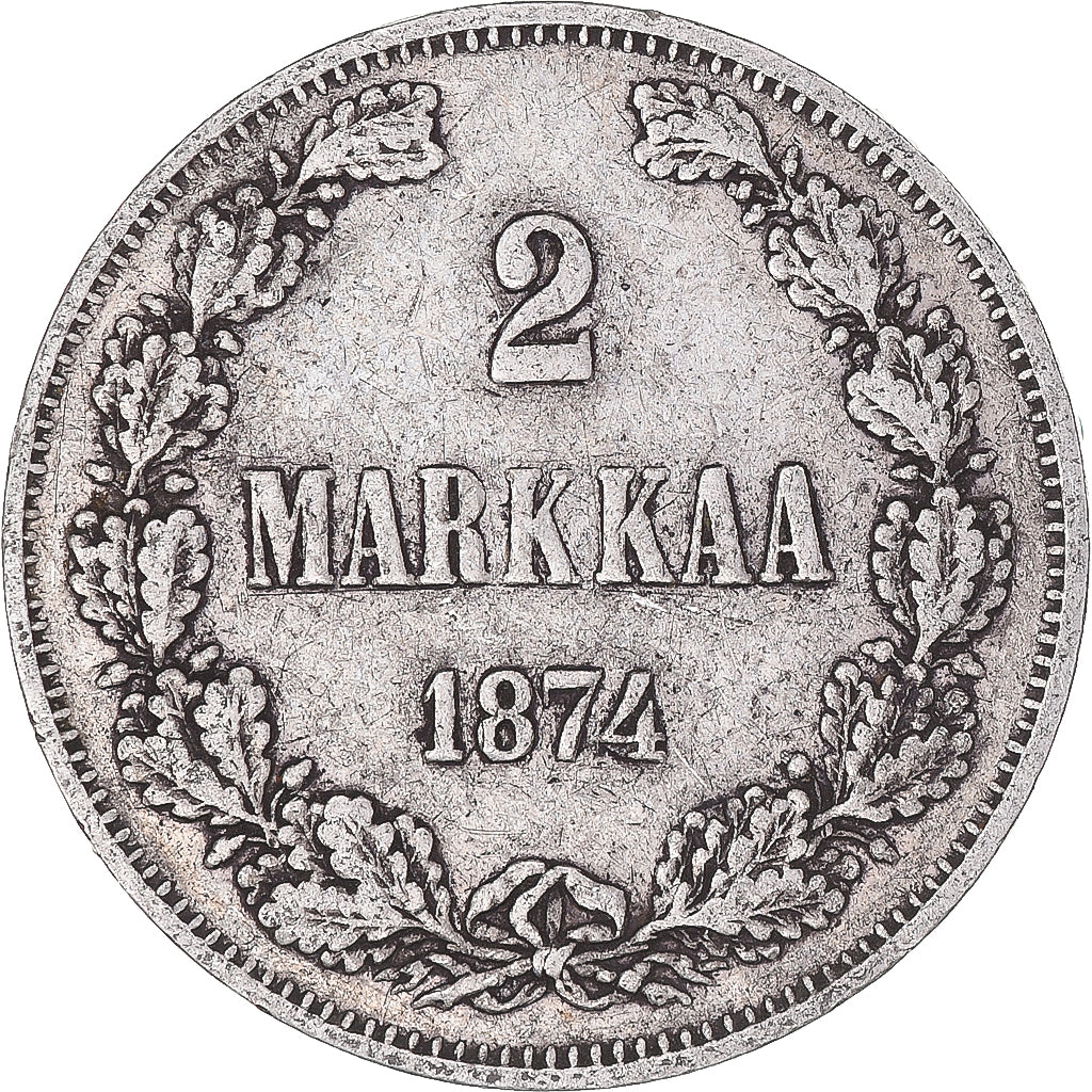 Moneda, Finlandia, Alexander II, 2 Markkaa, 1874, Helsinki, MBC, Plata, KM:7.2
