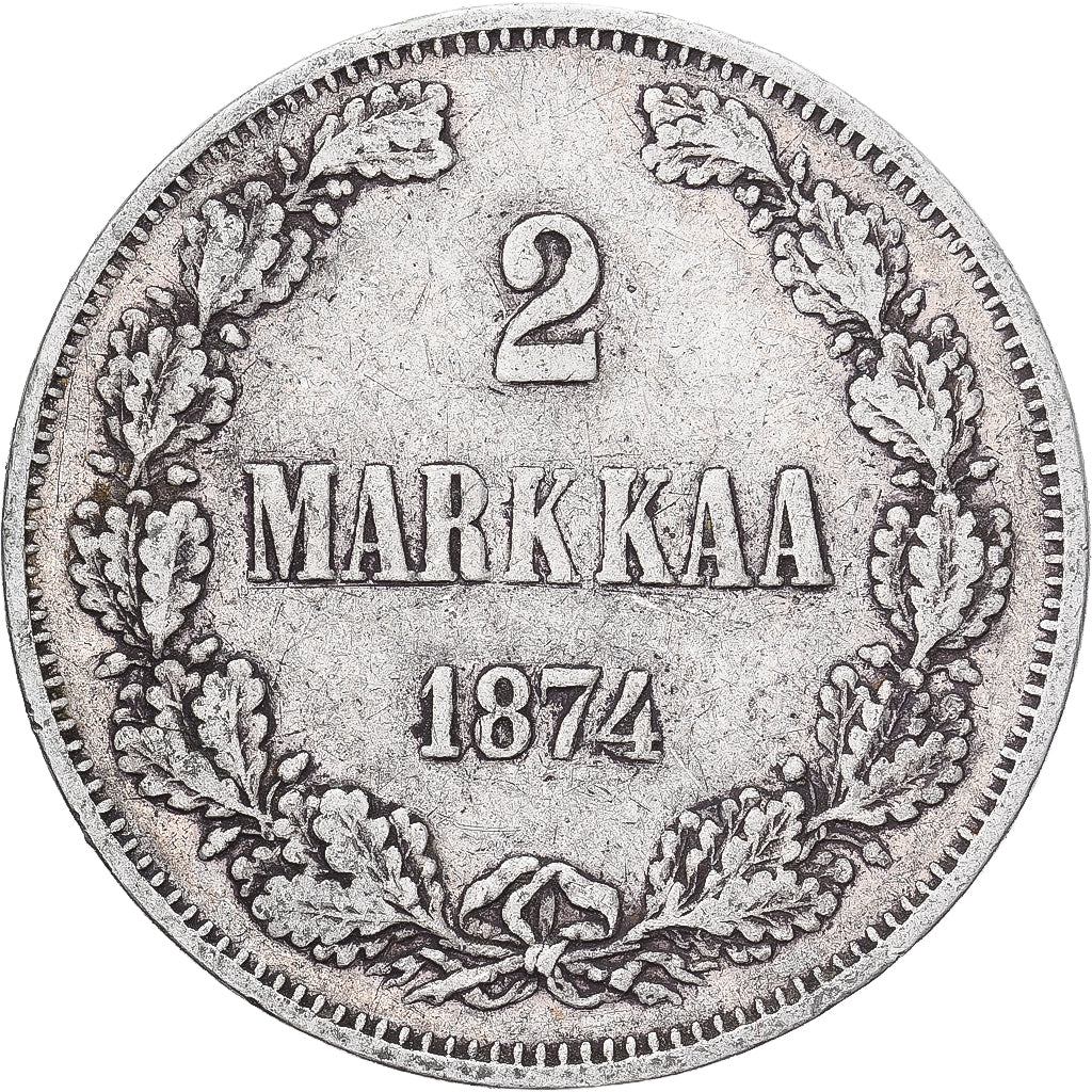 Moneda, Finlandia, Alexander II, 2 Markkaa, 1874, Helsinki, MBC, Plata, KM:7.2