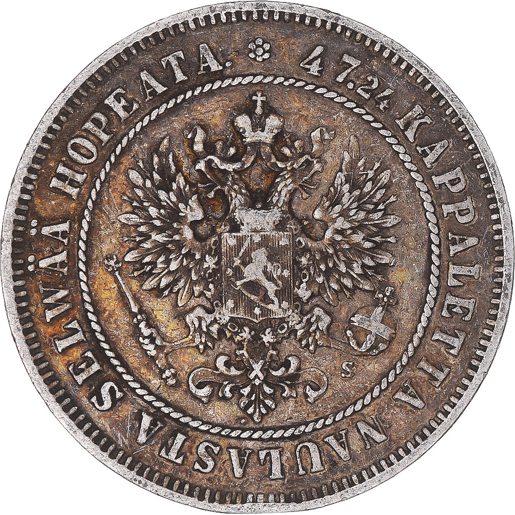 Moneda, Finlandia, Alexander II, 2 Markkaa, 1874, Helsinki, MBC, Plata, KM:7.2