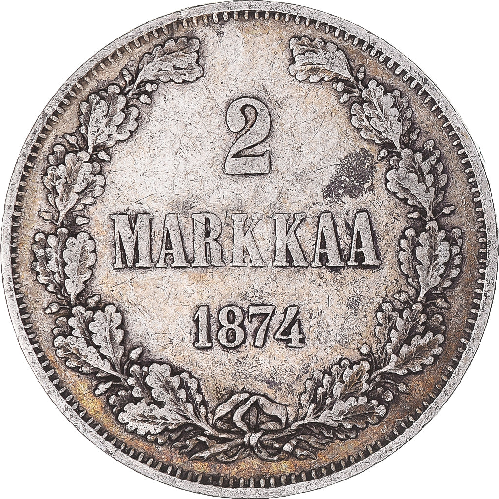 Moneda, Finlandia, Alexander II, 2 Markkaa, 1874, Helsinki, MBC, Plata, KM:7.2
