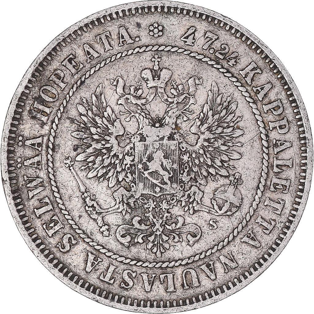 Moneda, Finlandia, Alexander II, 2 Markkaa, 1874, Helsinki, MBC, Plata, KM:7.2
