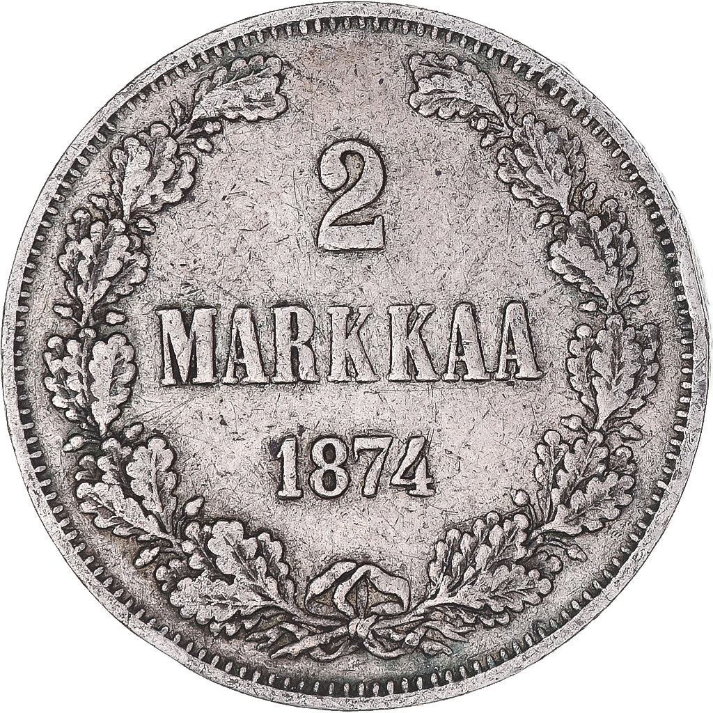 Moneda, Finlandia, Alexander II, 2 Markkaa, 1874, Helsinki, MBC, Plata, KM:7.2