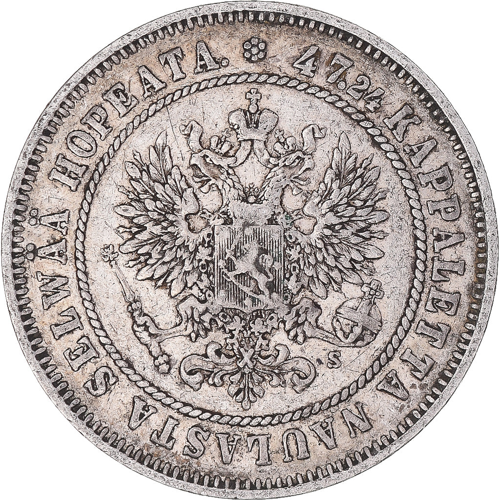 Moneda, Finlandia, Alexander II, 2 Markkaa, 1874, Helsinki, MBC, Plata, KM:7.2