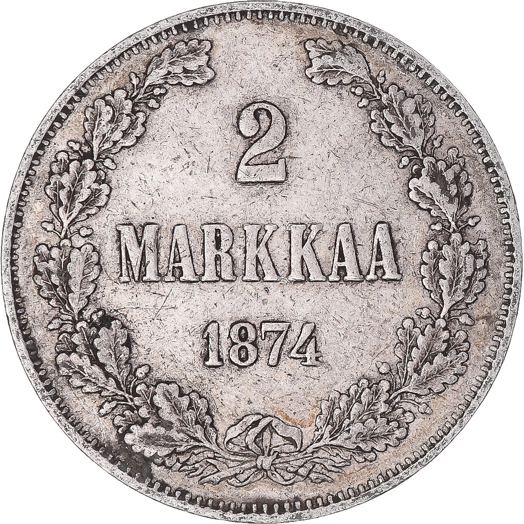 Moneda, Finlandia, Alexander II, 2 Markkaa, 1874, Helsinki, MBC, Plata, KM:7.2