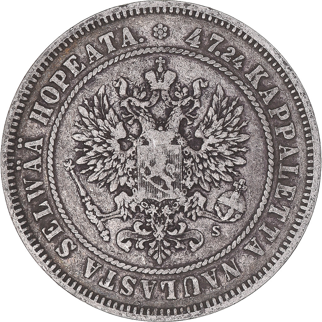 Moneda, Finlandia, Alexander II, 2 Markkaa, 1874, Helsinki, MBC, Plata, KM:7.2