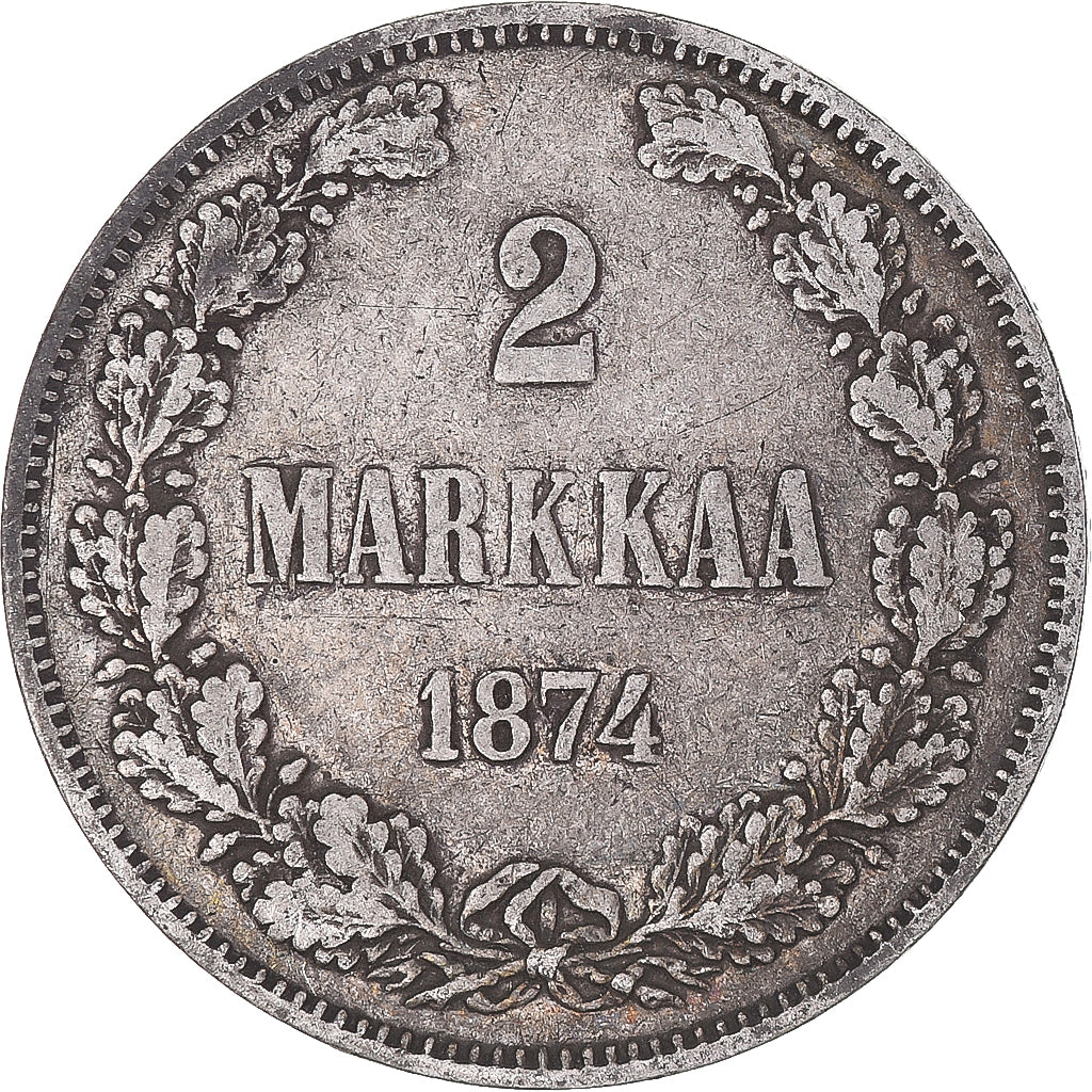 Moneda, Finlandia, Alexander II, 2 Markkaa, 1874, Helsinki, MBC, Plata, KM:7.2
