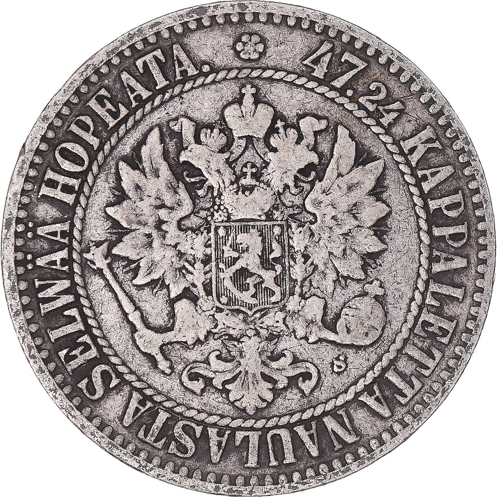 Moeda, Finlândia, Alexander II, 2 Markkaa, 1865, Helsinki, EF(40-45), Prata