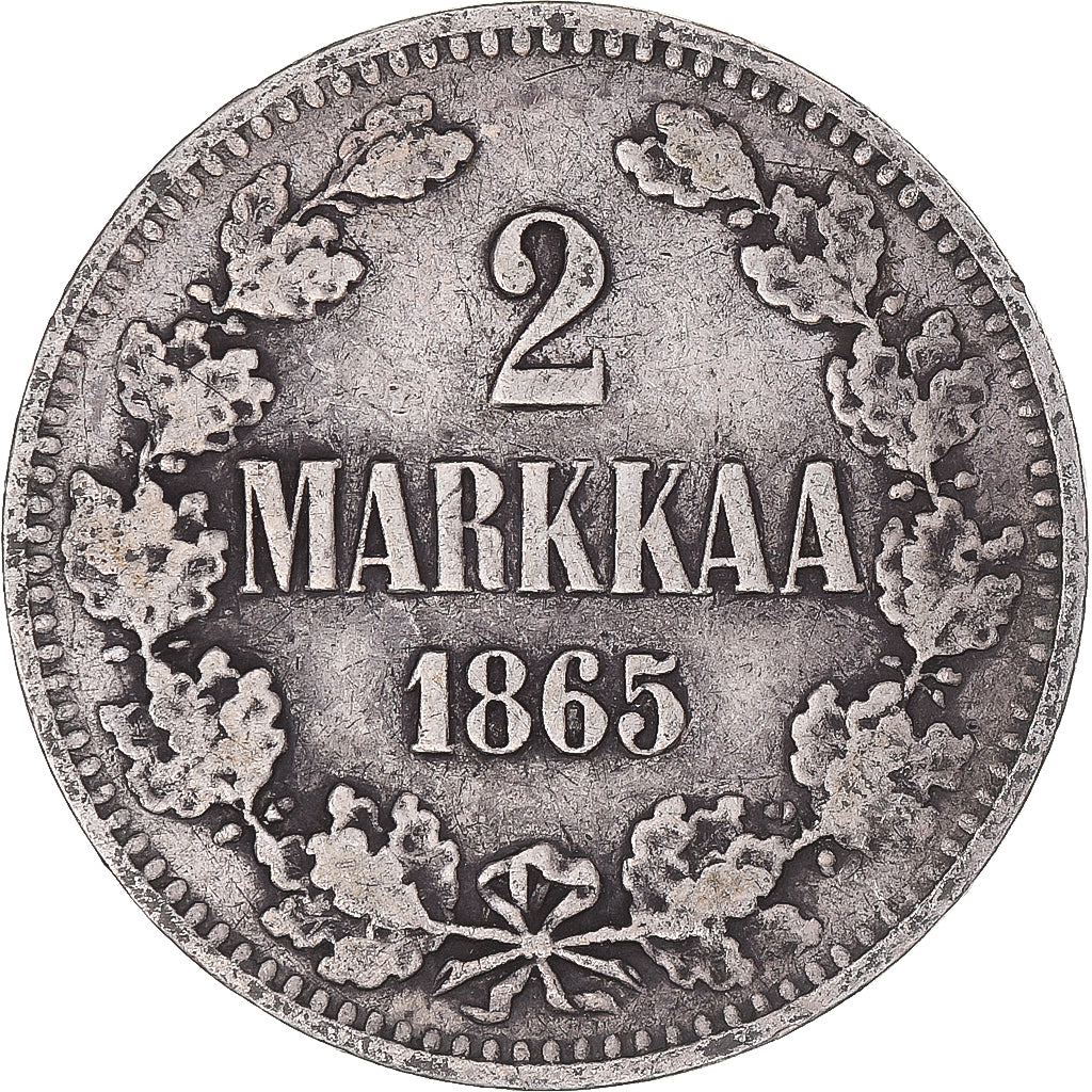 Moeda, Finlândia, Alexander II, 2 Markkaa, 1865, Helsinki, EF(40-45), Prata