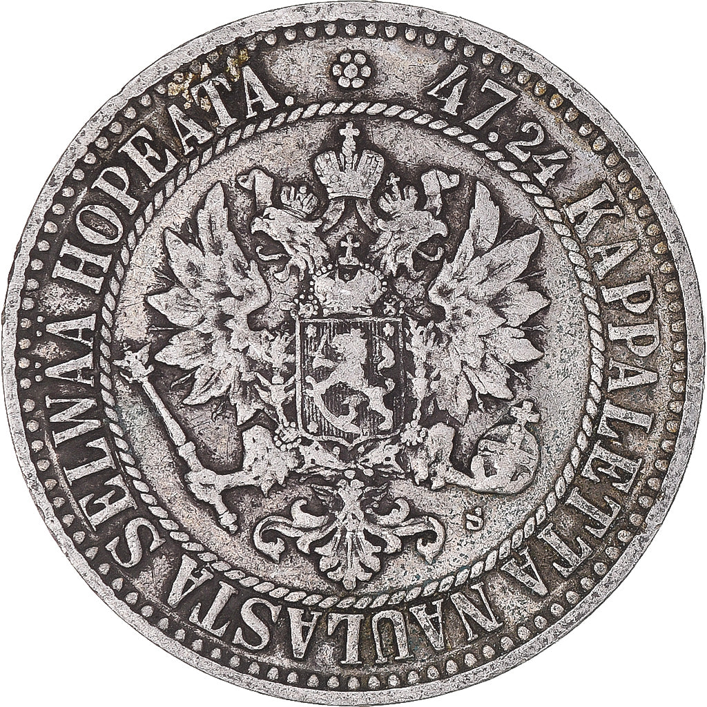 Moneda, Finlandia, Alexander II, 2 Markkaa, 1865, Helsinki, MBC, Plata, KM:7.1