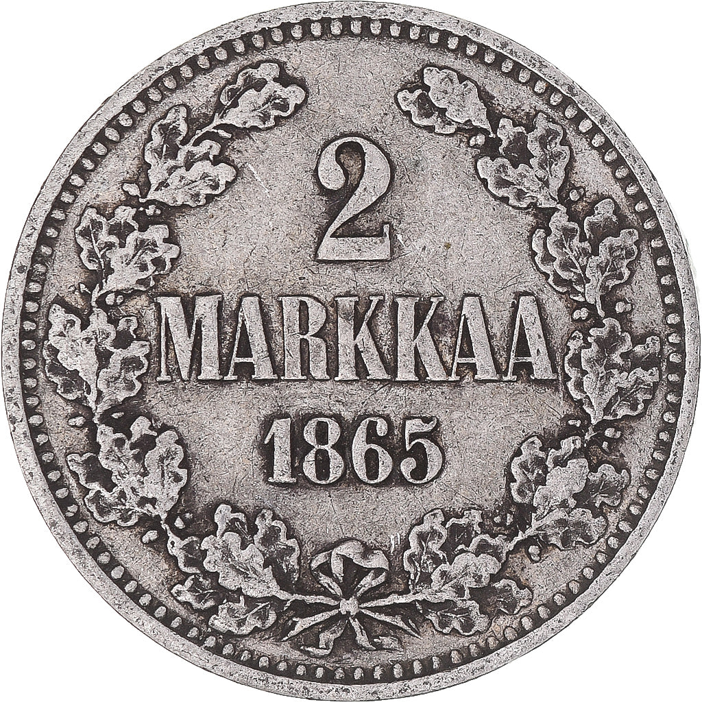 Moneda, Finlandia, Alexander II, 2 Markkaa, 1865, Helsinki, MBC, Plata, KM:7.1