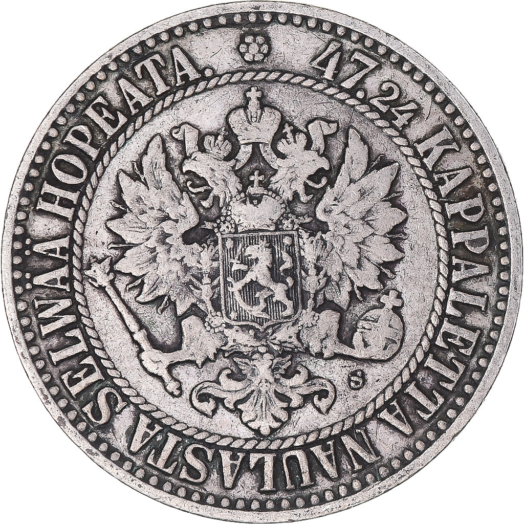 Moeda, Finlândia, Alexander II, 2 Markkaa, 1865, Helsinki, EF(40-45), Prata