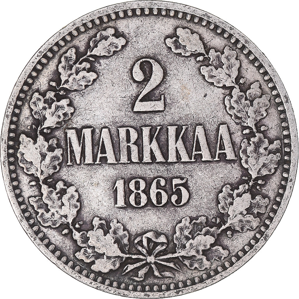 Moeda, Finlândia, Alexander II, 2 Markkaa, 1865, Helsinki, EF(40-45), Prata