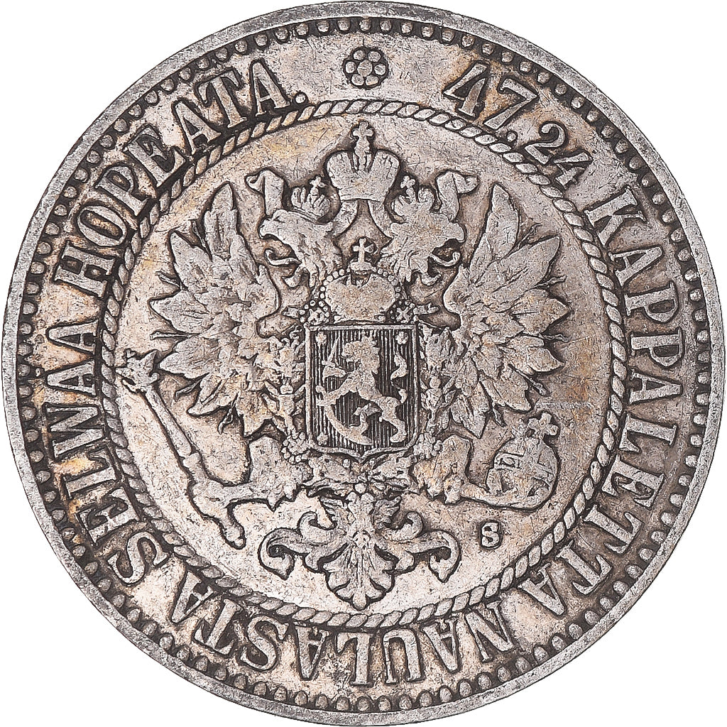 Moeda, Finlândia, Alexander II, 2 Markkaa, 1865, Helsinki, EF(40-45), Prata