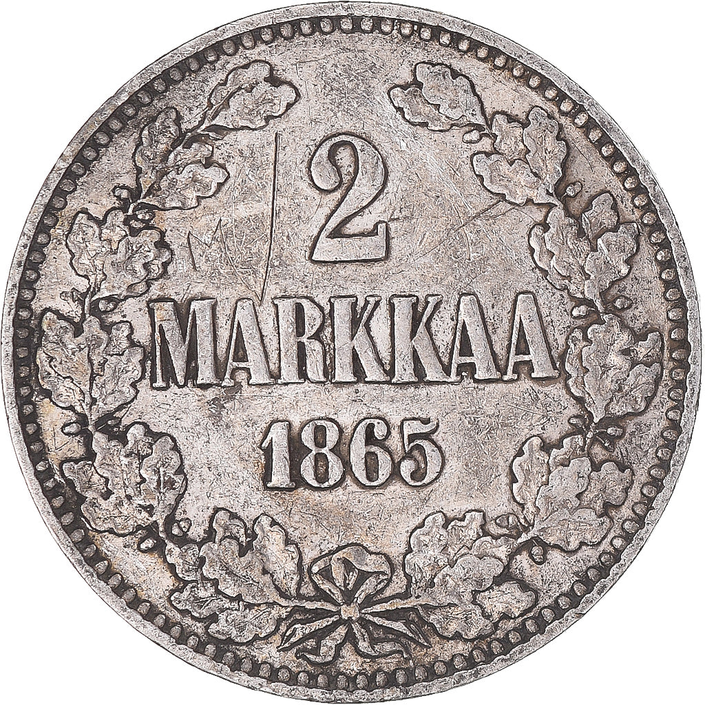 Moeda, Finlândia, Alexander II, 2 Markkaa, 1865, Helsinki, EF(40-45), Prata