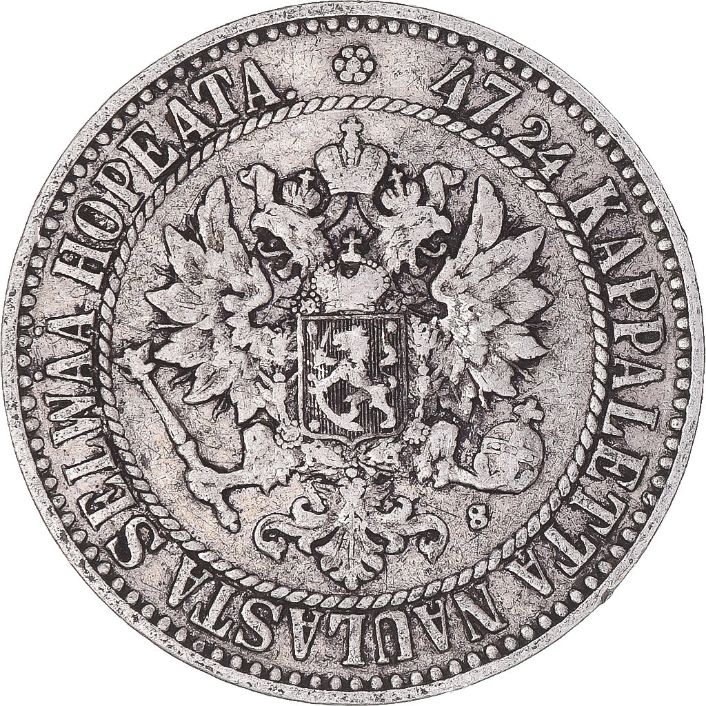 Moneda, Finlandia, Alexander II, 2 Markkaa, 1865, Helsinki, MBC, Plata, KM:7.1
