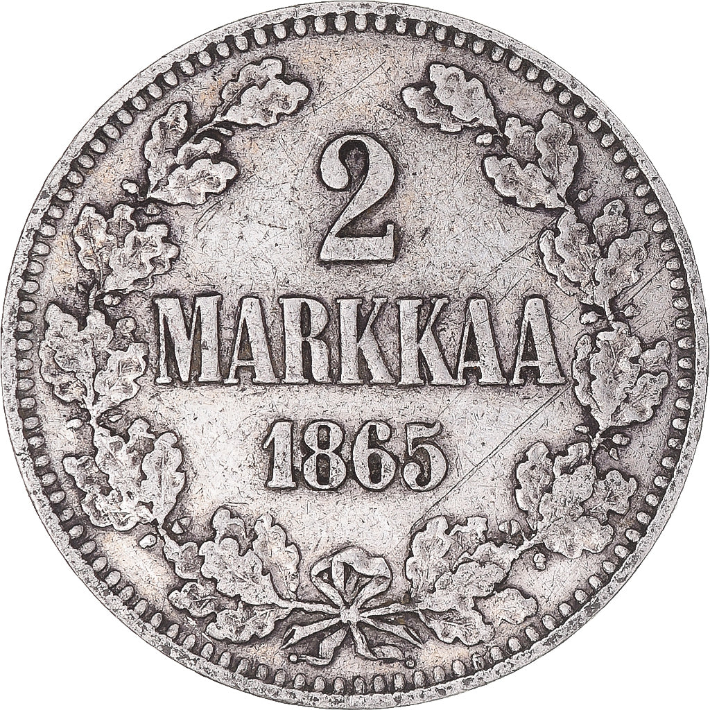Moneda, Finlandia, Alexander II, 2 Markkaa, 1865, Helsinki, MBC, Plata, KM:7.1