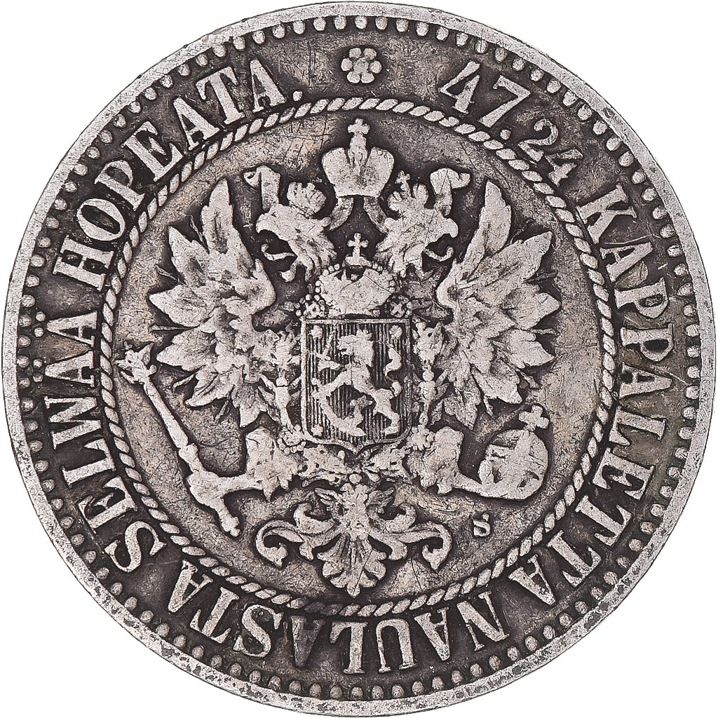 Moeda, Finlândia, Alexander II, 2 Markkaa, 1865, Helsinki, EF(40-45), Prata