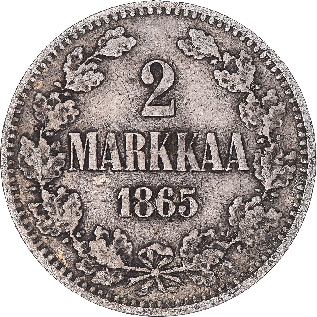 Moeda, Finlândia, Alexander II, 2 Markkaa, 1865, Helsinki, EF(40-45), Prata